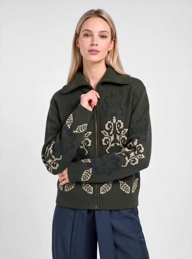 Nordic Jacquard Zip-Up Cardigan, Forest Denim - 13 Hub Lane   |  