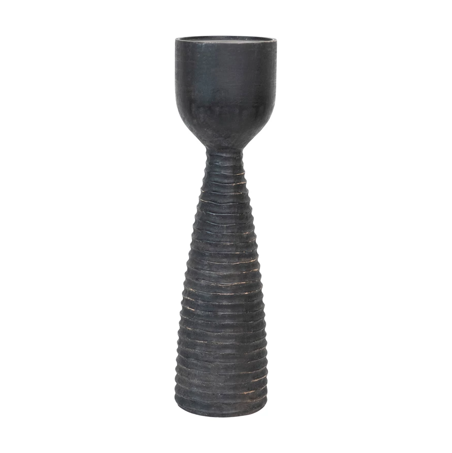 Hand-Carved Ribbed Candle Holder, Black - 13 Hub Lane   |  Wood Candle Holders