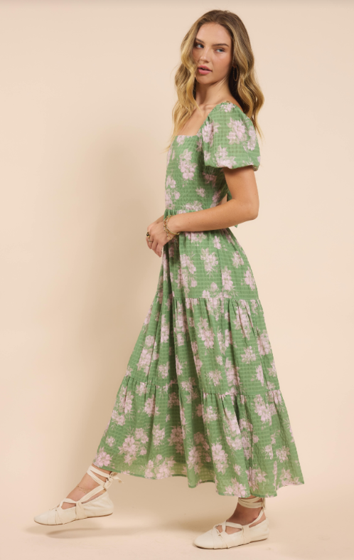 Rainy Days Tiered Maxi w/ Back Tie, Green Multi