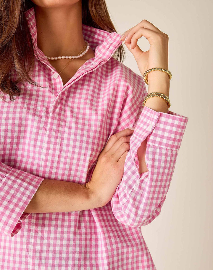 Emerson Pop Up Collar Top, Pink Gingham