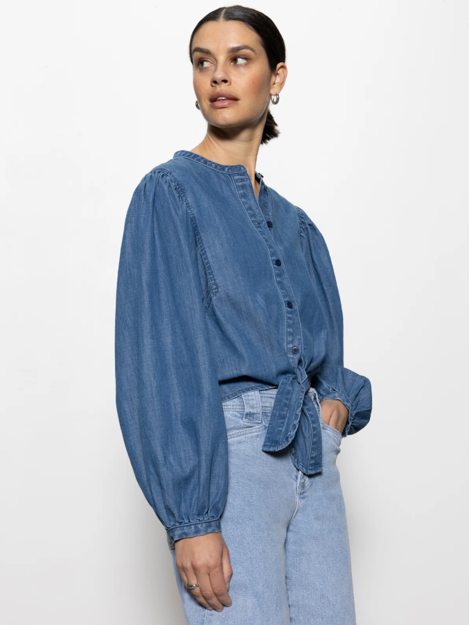 Tie Front Volume Blouse, Slate Blue