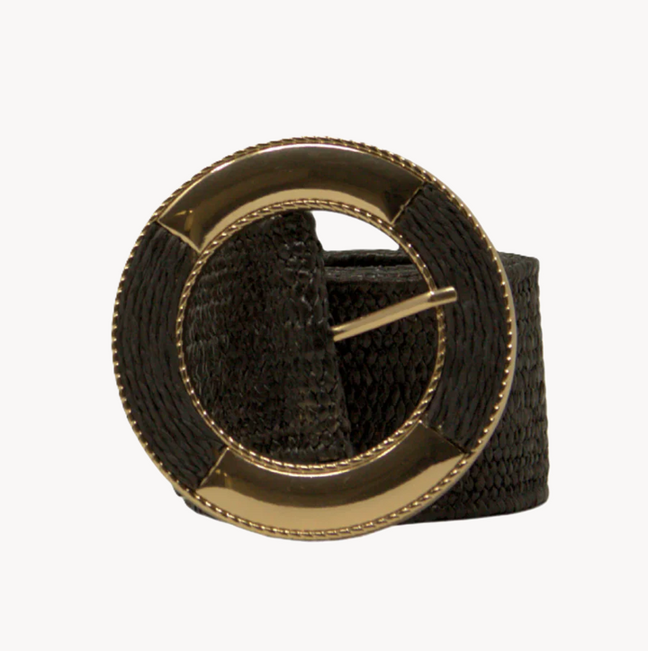 Straw w/ Metal Buckle Belt, Black