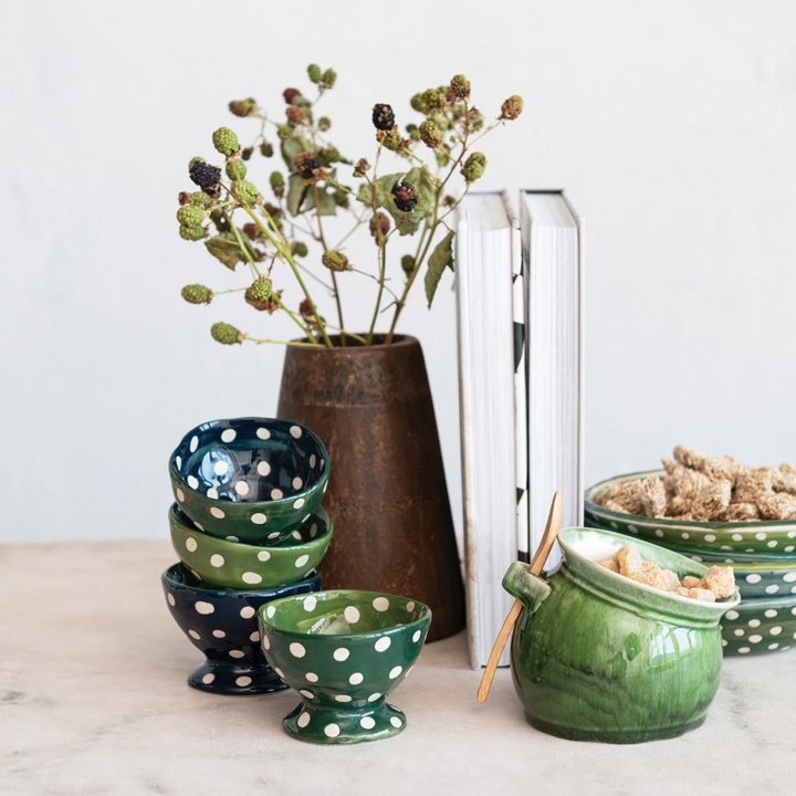 Hand-Painted Stoneware Footed Bowl w/ Wax Relief Dots