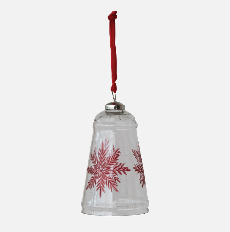 Hand-Blown Etched Glass Bell Ornament w/ Velvet Ribbon