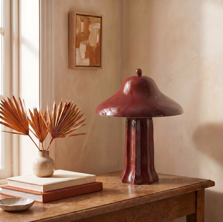 Stoneware Fluted Table Lamp, Burgundy
