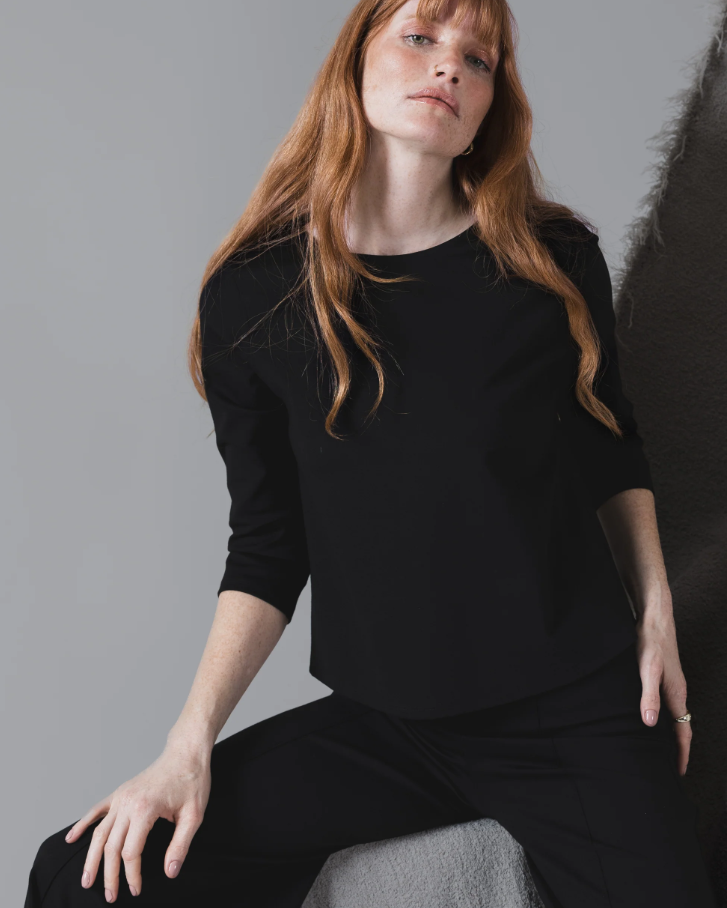 Ponte Knit 3/4 Sleeve Top, Black - 13 Hub Lane   |  Crewneck Tops