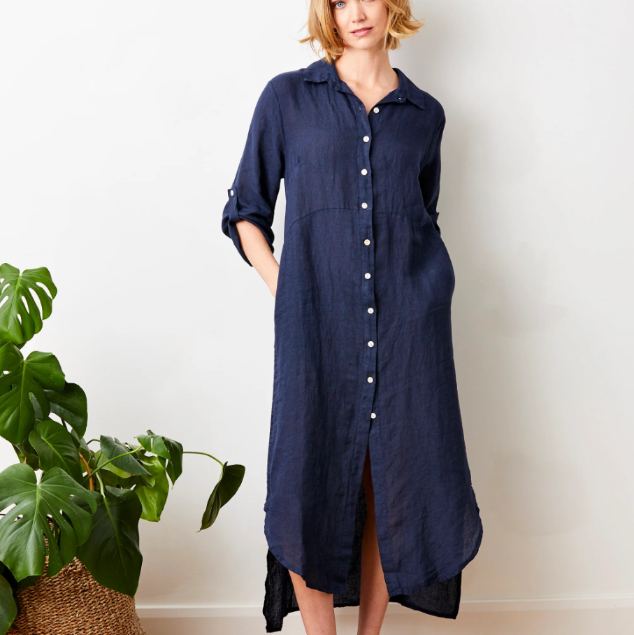 Larino Linen Button Thru Dress, Navy