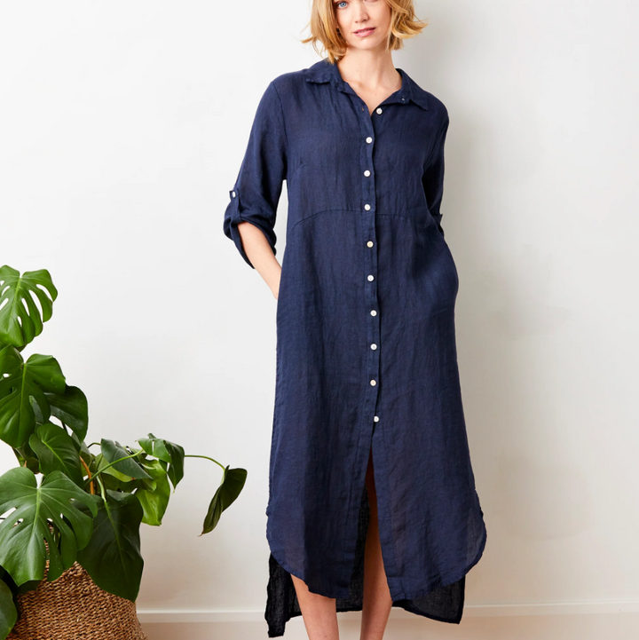 Larino Linen Button Thru Dress, Navy