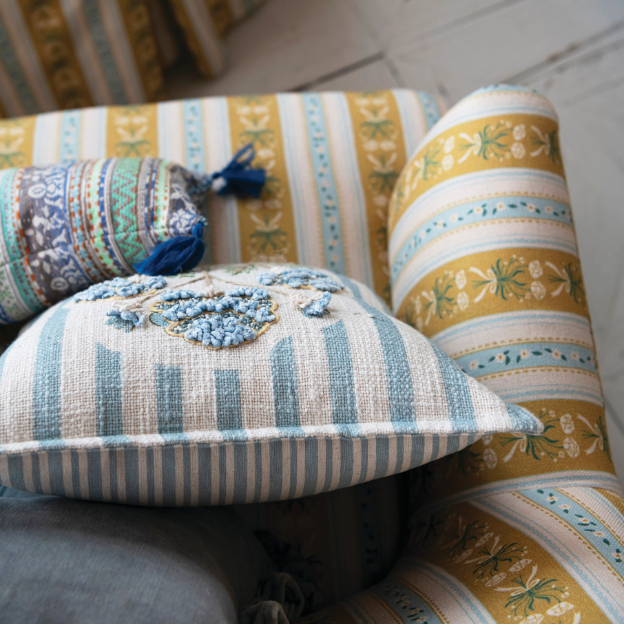 Hand-Embroidered Striped Pillow, Blue