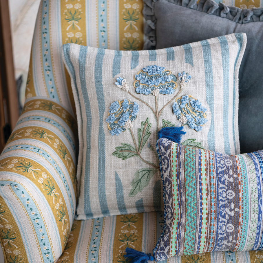 Tufted Lumbar w/ Ruffle & Patterned Button, Blue