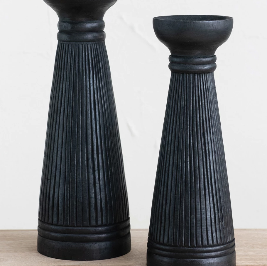 Albasia Wood Ribbed Candle Holder, Black - 13 Hub Lane   |  Wood Candle Holders
