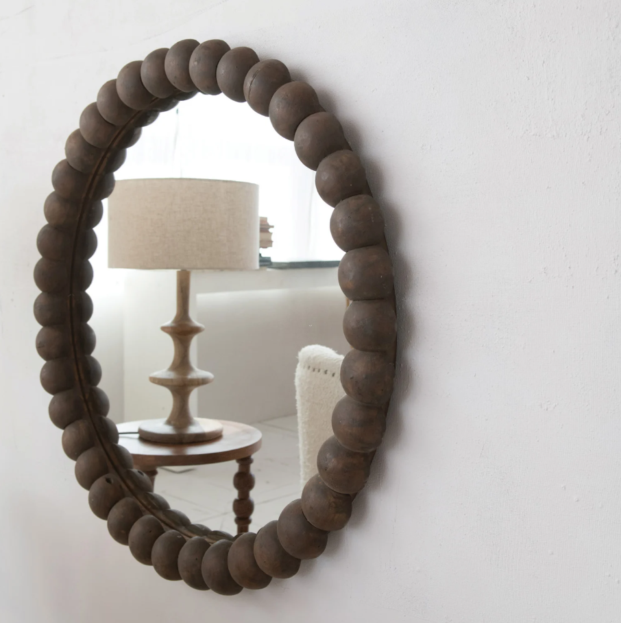 Round Reclaimed Bobbin Framed Wall Mirror, Natural - 13 Hub Lane   |  