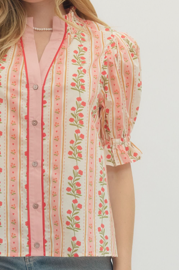Floral Stripe Puff Sleeve Top, Red - 13 Hub Lane   |  
