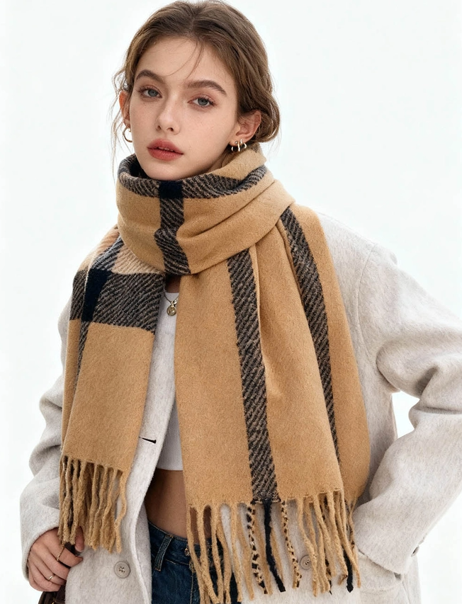Ladies Cozy Winter Plaid Tassel Knit Scarf