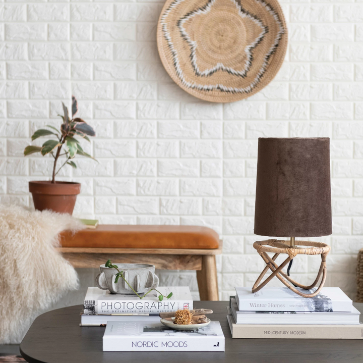 Hand-Woven Rattan Table Lamp w/ Cotton Velvet Shade