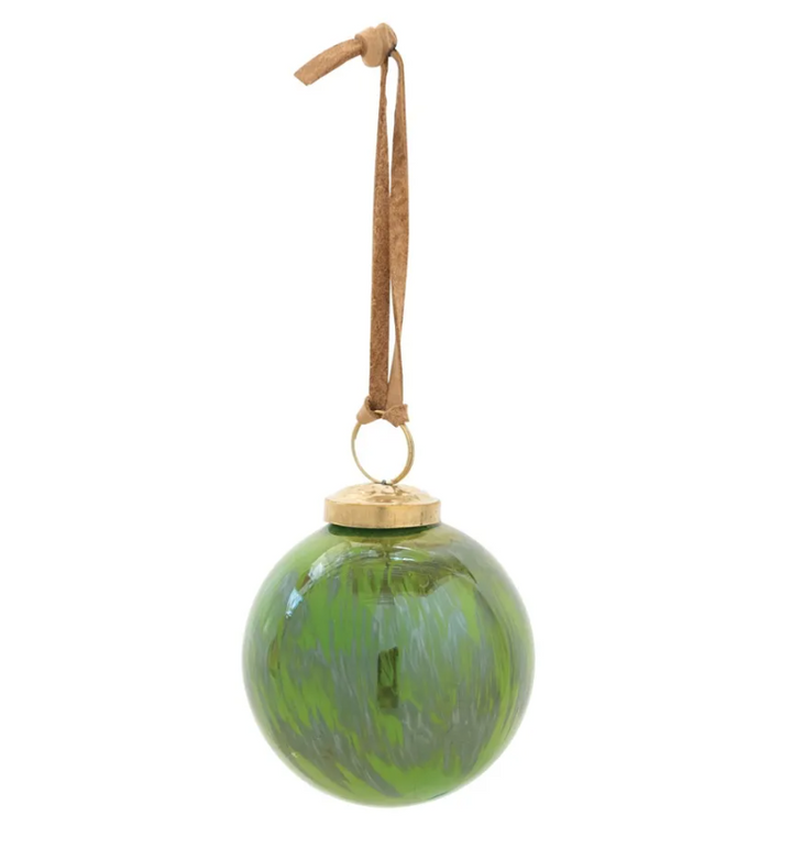 Green Marbled Glass Ornament w/ Leather Strap