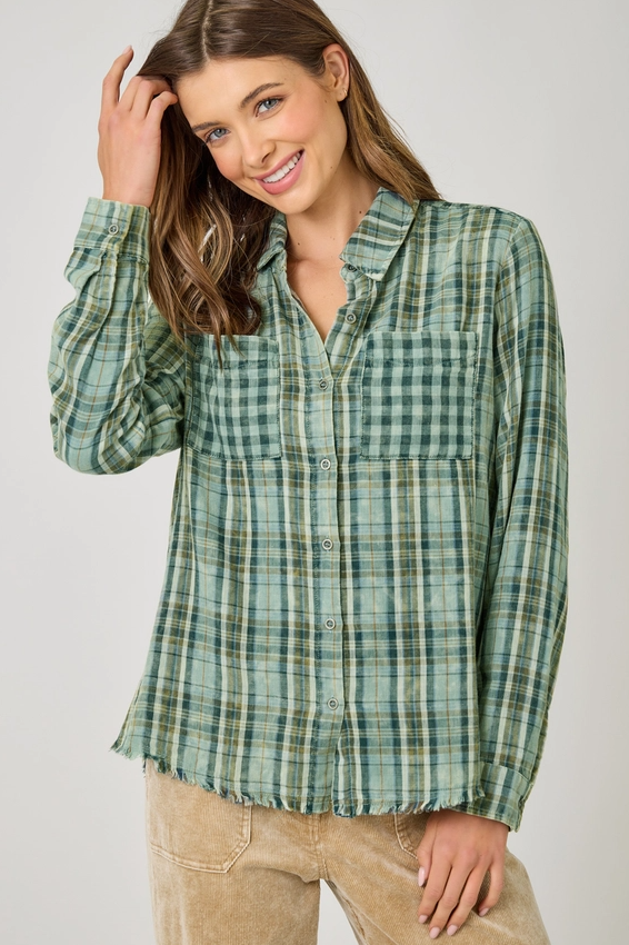 Fringed Bottom Washed Plaid Button-Up, Green