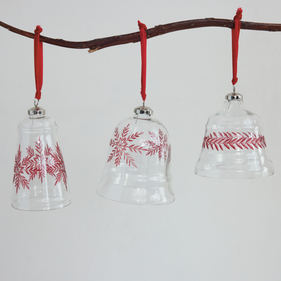 Hand-Blown Etched Glass Bell Ornament w/ Velvet Ribbon