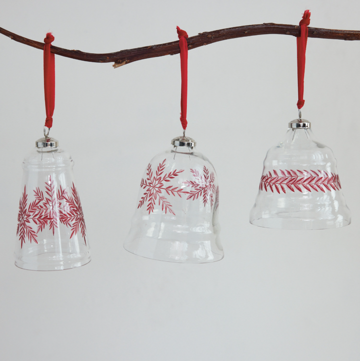 Hand-Blown Etched Glass Bell Ornament w/ Velvet Ribbon