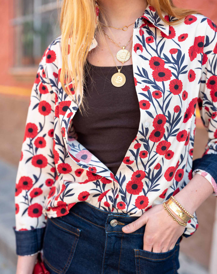 Margot Button-Up, Poppy w/ Chambray Cuff - 13 Hub Lane   |  Button-Ups