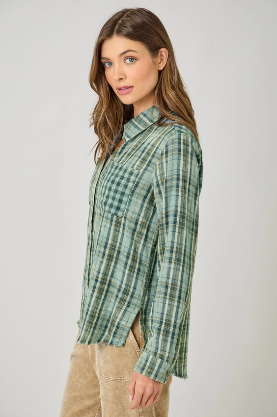 Fringed Bottom Washed Plaid Button-Up, Green