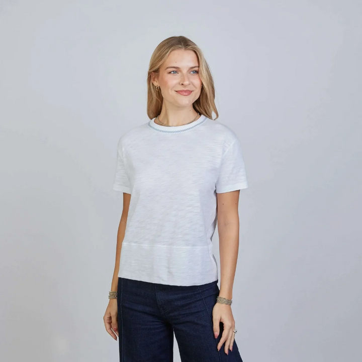 Charli Tee, White w/ Dusty Blue Stitching