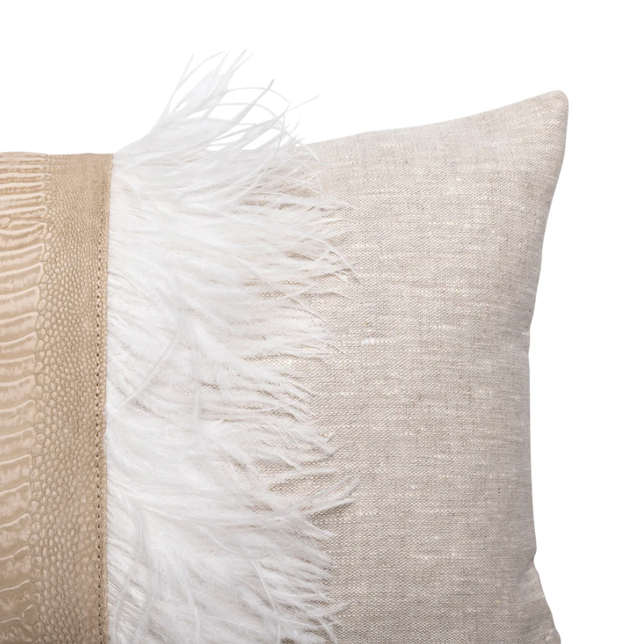 Ostrich Trim Linen Lumbar Pillow, Stone Washed Natural - 13 Hub Lane   |  Ostrich Lumbars