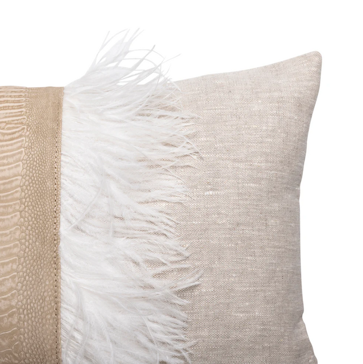 Ostrich Trim Linen Lumbar Pillow, Stone Washed Natural - 13 Hub Lane   |  Ostrich Lumbars