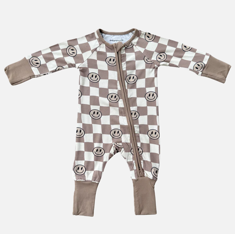Long Sleeve Zip Romper, Portabella Smiley Check - 13 Hub Lane   |  Rompers