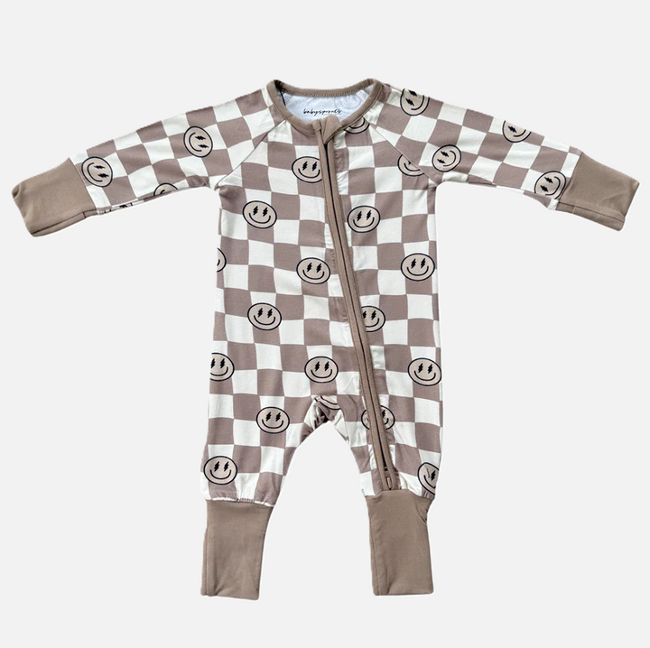 Long Sleeve Zip Romper, Portabella Smiley Check - 13 Hub Lane   |  Rompers
