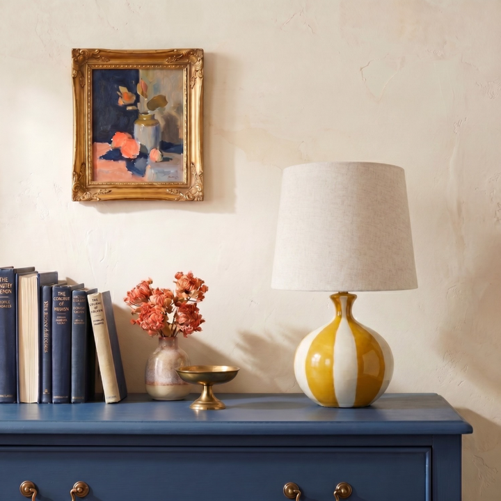 Hand-Painted Stoneware Table Lamp, Mustard & Cream Stripe