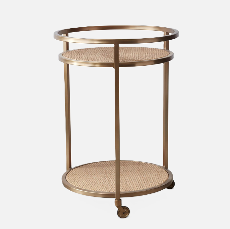 Round Rattan & Metal Bart Cart w/ Casters