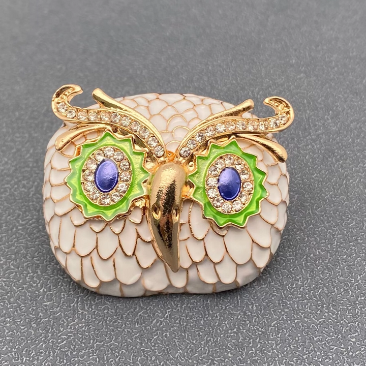 Rhinestone & Enamel Owl Head Brooch