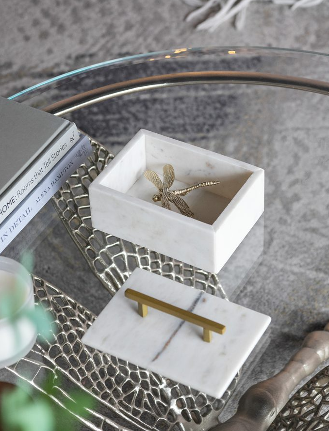 Marble Lidded Box w/ Brass Handle
