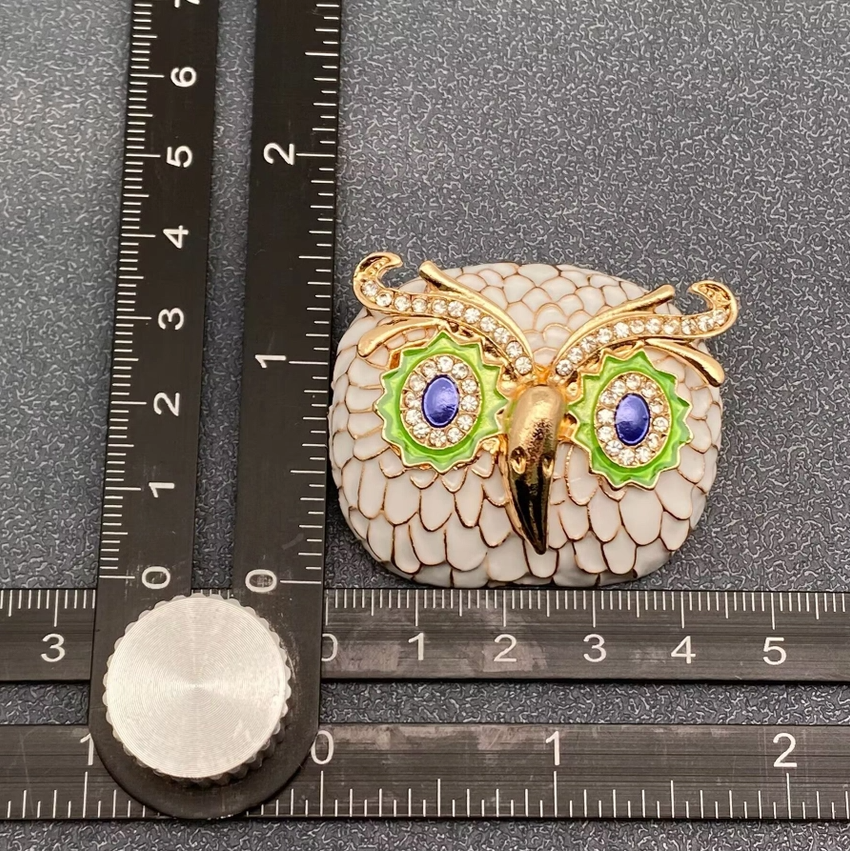 Rhinestone & Enamel Owl Head Brooch