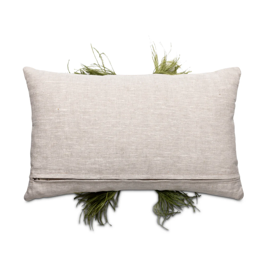 Ostrich Trim Linen Lumbar Pillow, Olive Natural - 13 Hub Lane   |  Ostrich Lumbars