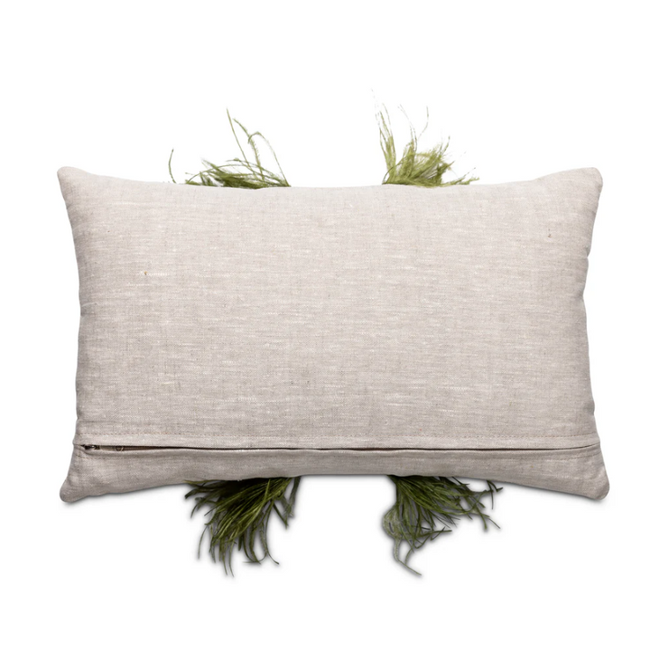 Ostrich Trim Linen Lumbar Pillow, Olive Natural - 13 Hub Lane   |  Ostrich Lumbars