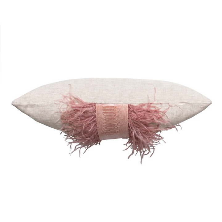 Ostrich Trim Linen Lumbar Pillow, Blush Natural - 13 Hub Lane   |  Ostrich Lumbars