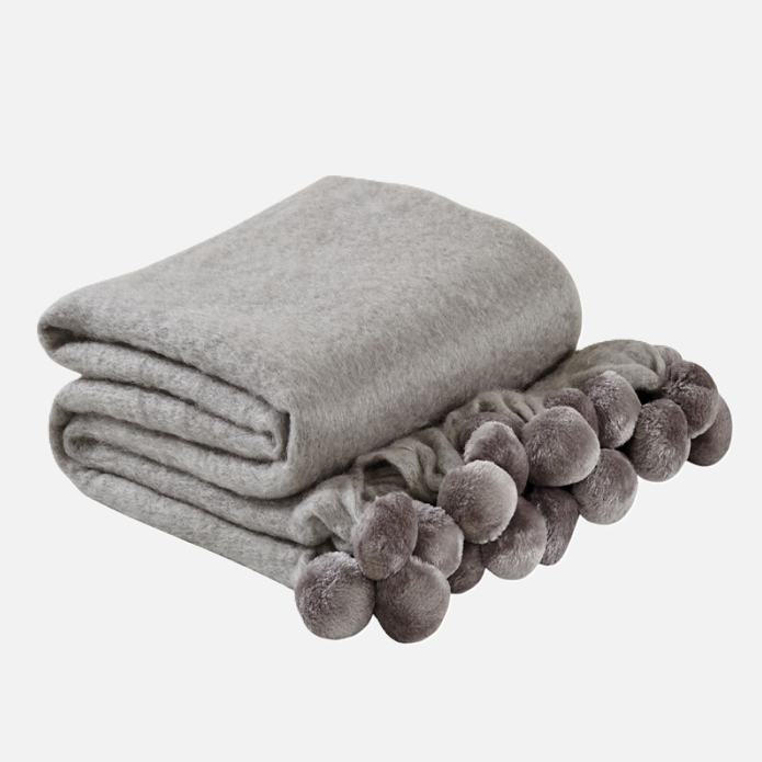 Bella Pom Pom Mohair Throw, Light Grey - 13 Hub Lane   |  Mohair Throws