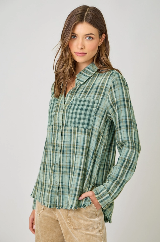 Fringed Bottom Washed Plaid Button-Up, Green