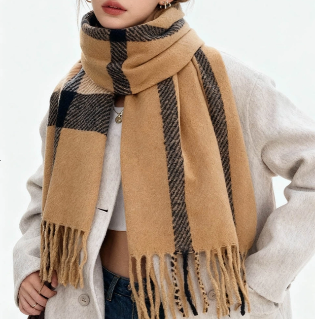 Ladies Cozy Winter Plaid Tassel Knit Scarf