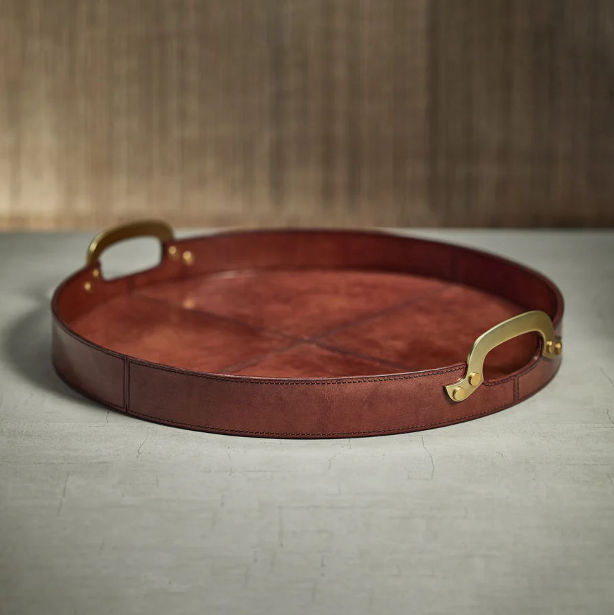 Aspen Leather & Brass Round Tray - 13 Hub Lane   |  Leather Trays