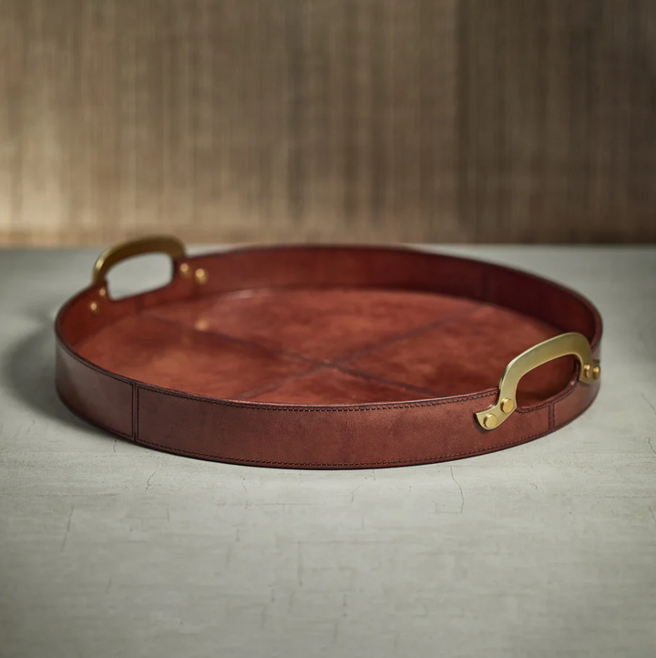 Aspen Leather & Brass Round Tray - 13 Hub Lane   |  Leather Trays