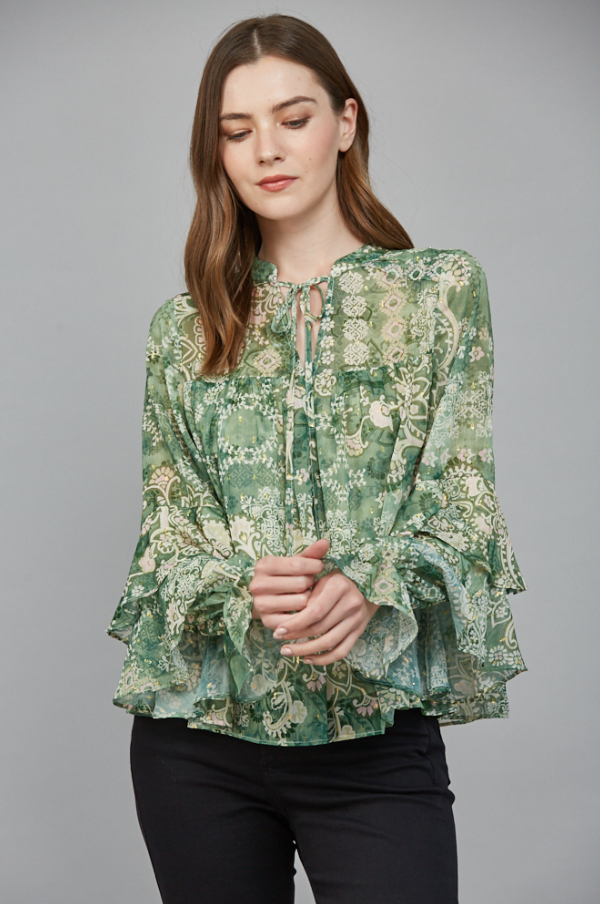 Chiffon & Lurex Ruffle Blouse, Green Multi