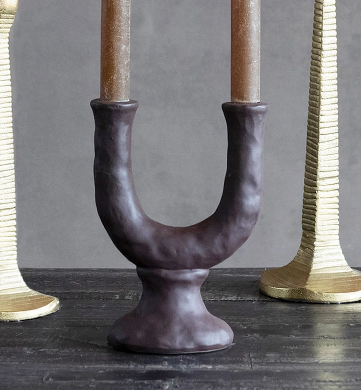 Black Aubergine Stoneware Double Taper Holder