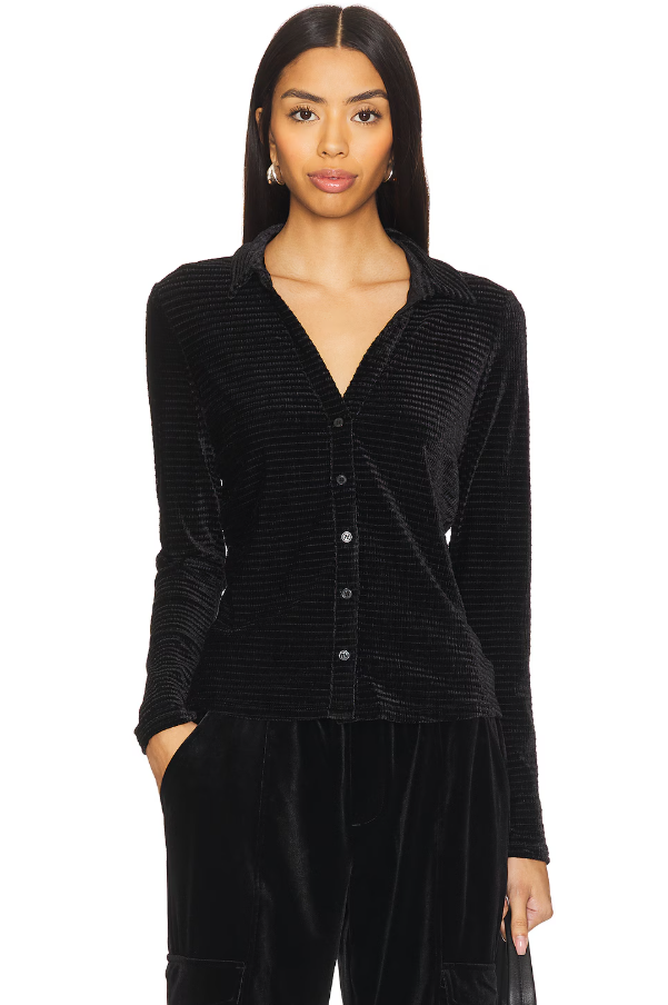 Textured Velvet Button Up, Black