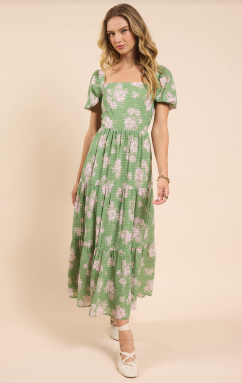 Rainy Days Tiered Maxi w/ Back Tie, Green Multi