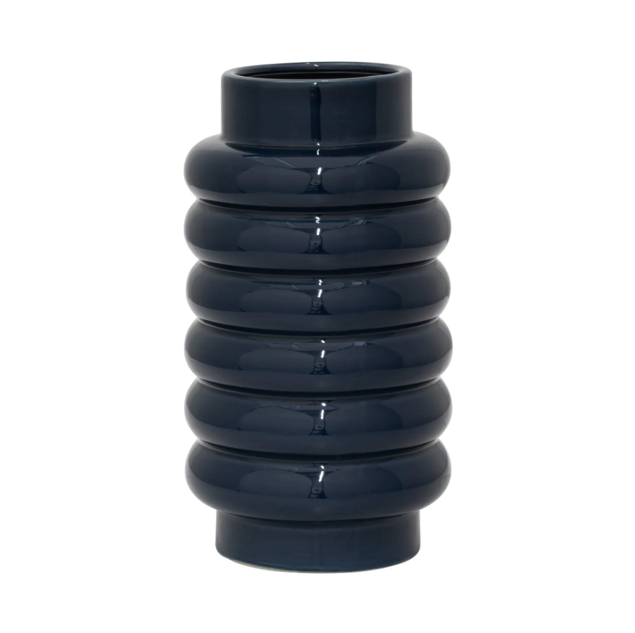 Navy Ceramic Ribbed Vase