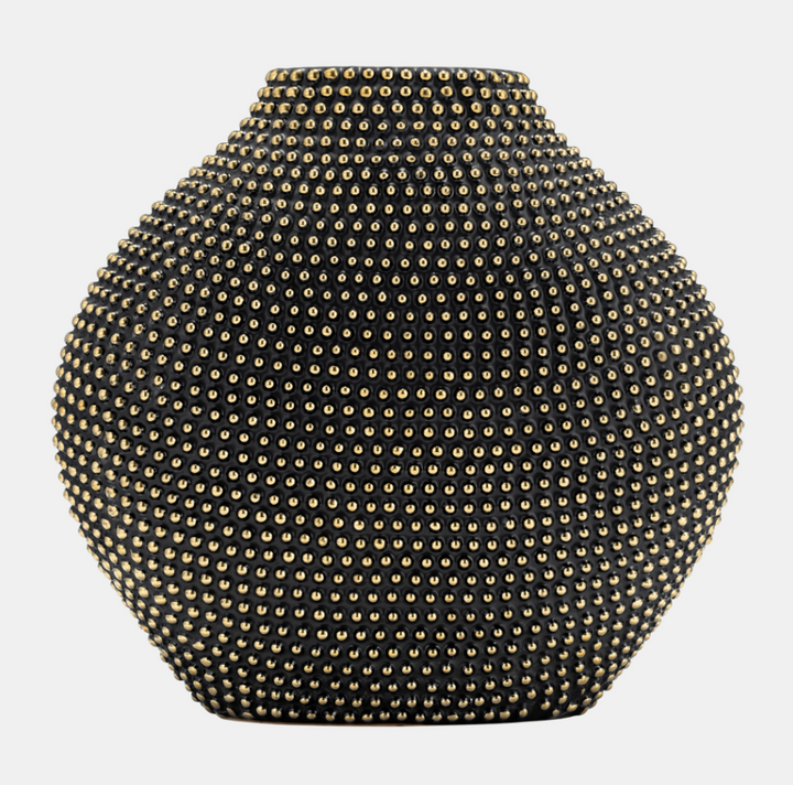 Ceramic Beaded Vase, Black & Gold