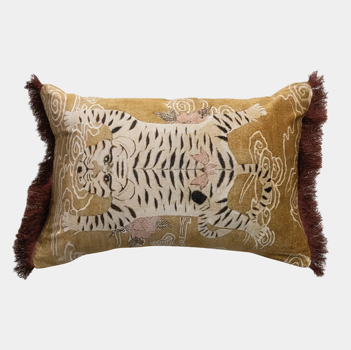 Tibetan Tiger & Fringe Cotton Velvet Printed Lumbar - 13 Hub Lane   |  Velvet Lumbars